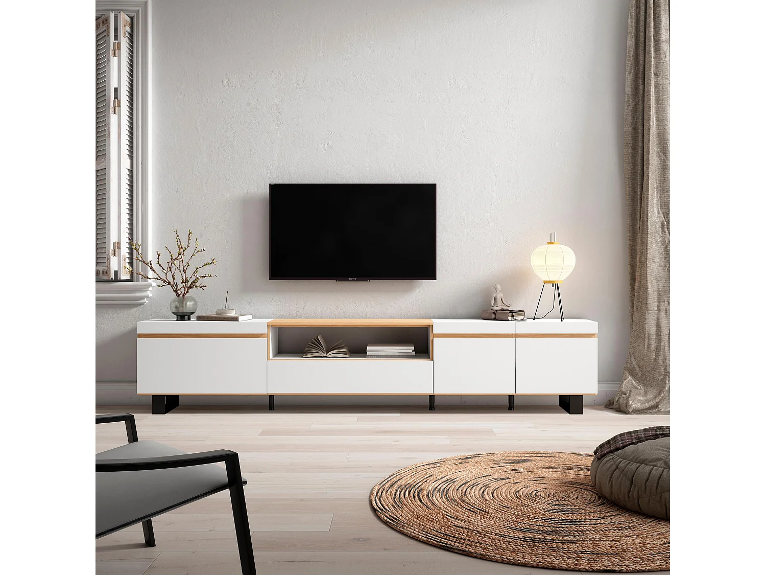 TV-Meubel, Lowboard, 288x57x35 cm, Groot formaat TV, Industrieel design, Wit en Eiken soft