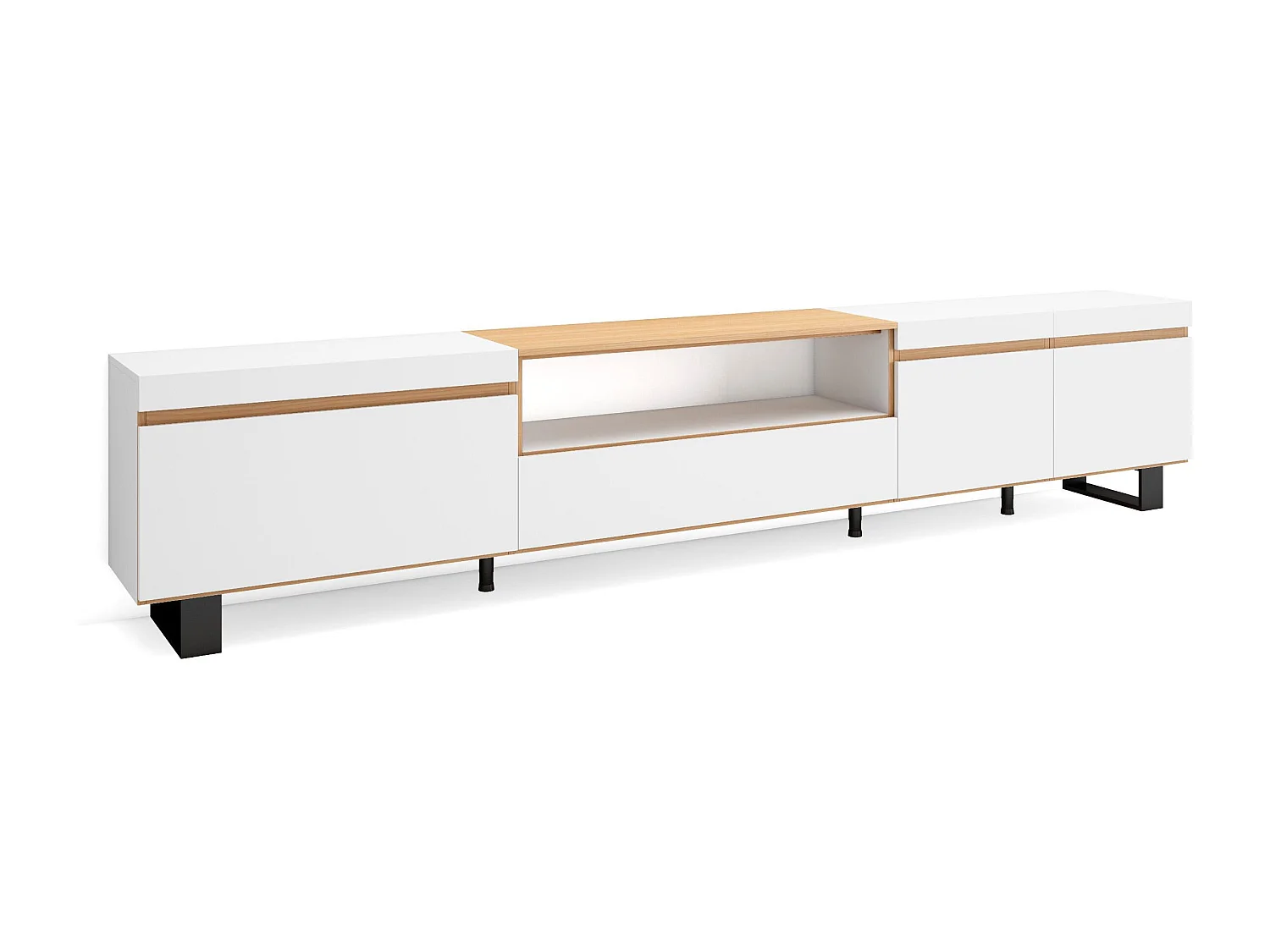 TV-Meubel, Lowboard, 288x57x35 cm, Groot formaat TV, Industrieel design, Wit en Eiken soft