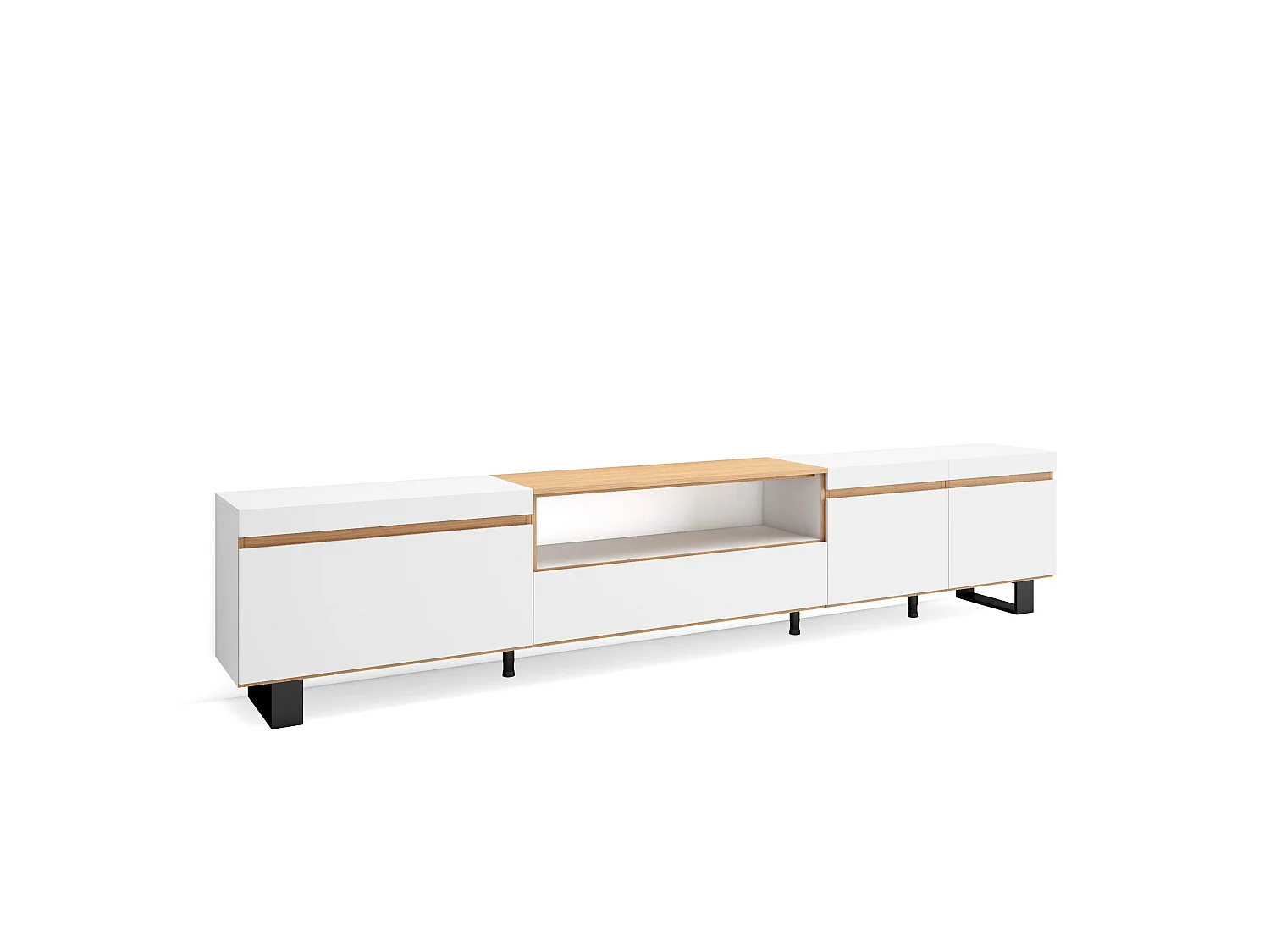 Meuble TV, Banc Télé, 288x35x57cm, TV grand format, Design industriel, Blanc et Chêne Soft