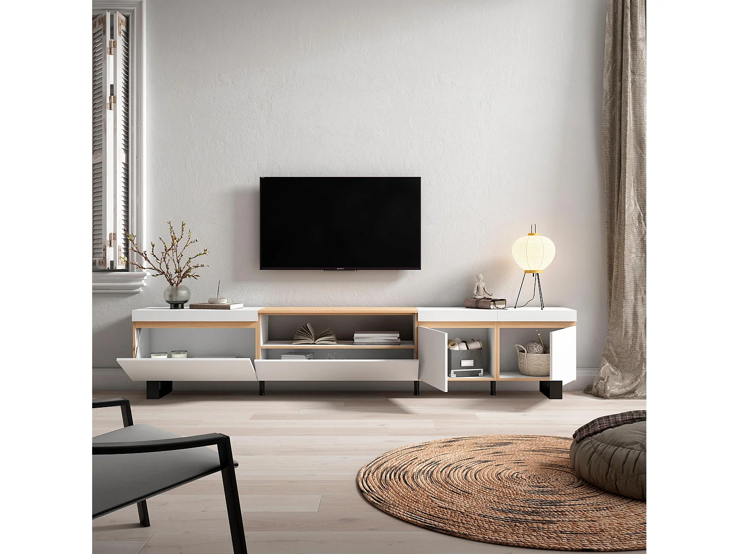 Meuble TV, Banc Télé, 288x35x57cm, TV grand format, Design industriel, Blanc et Chêne Soft