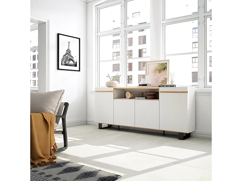 Credenza, Mobile, Cucina, 200x35x87cm, 4 Porte, Design industriale, Bianco e Rovere soft