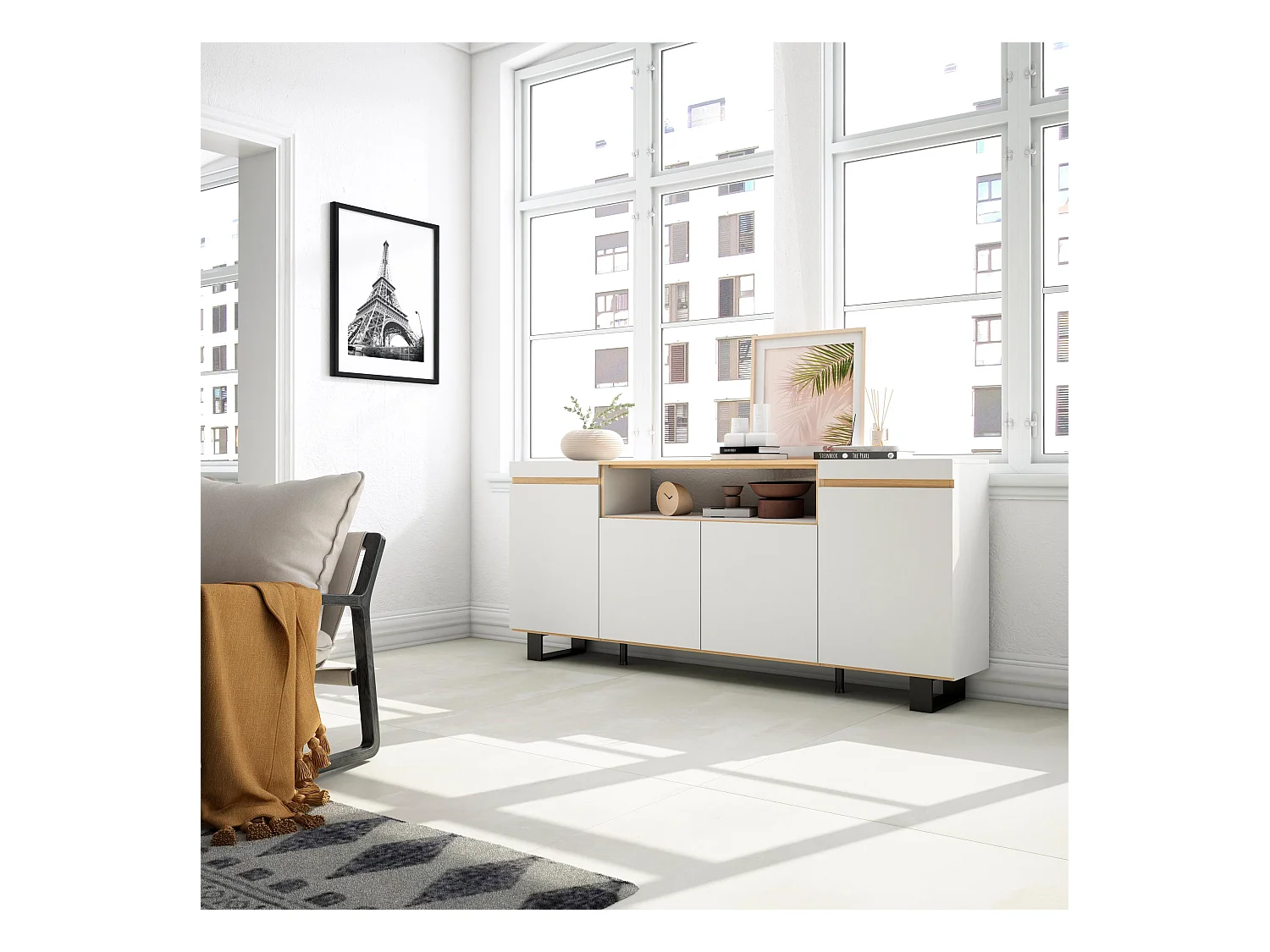 Dressoir, Opbergkast, 200x87x35cm, 4 Deuren, Industrieel design, Wit en Eiken soft