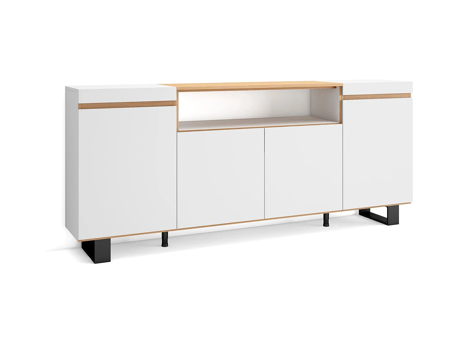 Dressoir, Opbergkast, 200x87x35cm, 4 Deuren, Industrieel design, Wit en Eiken soft