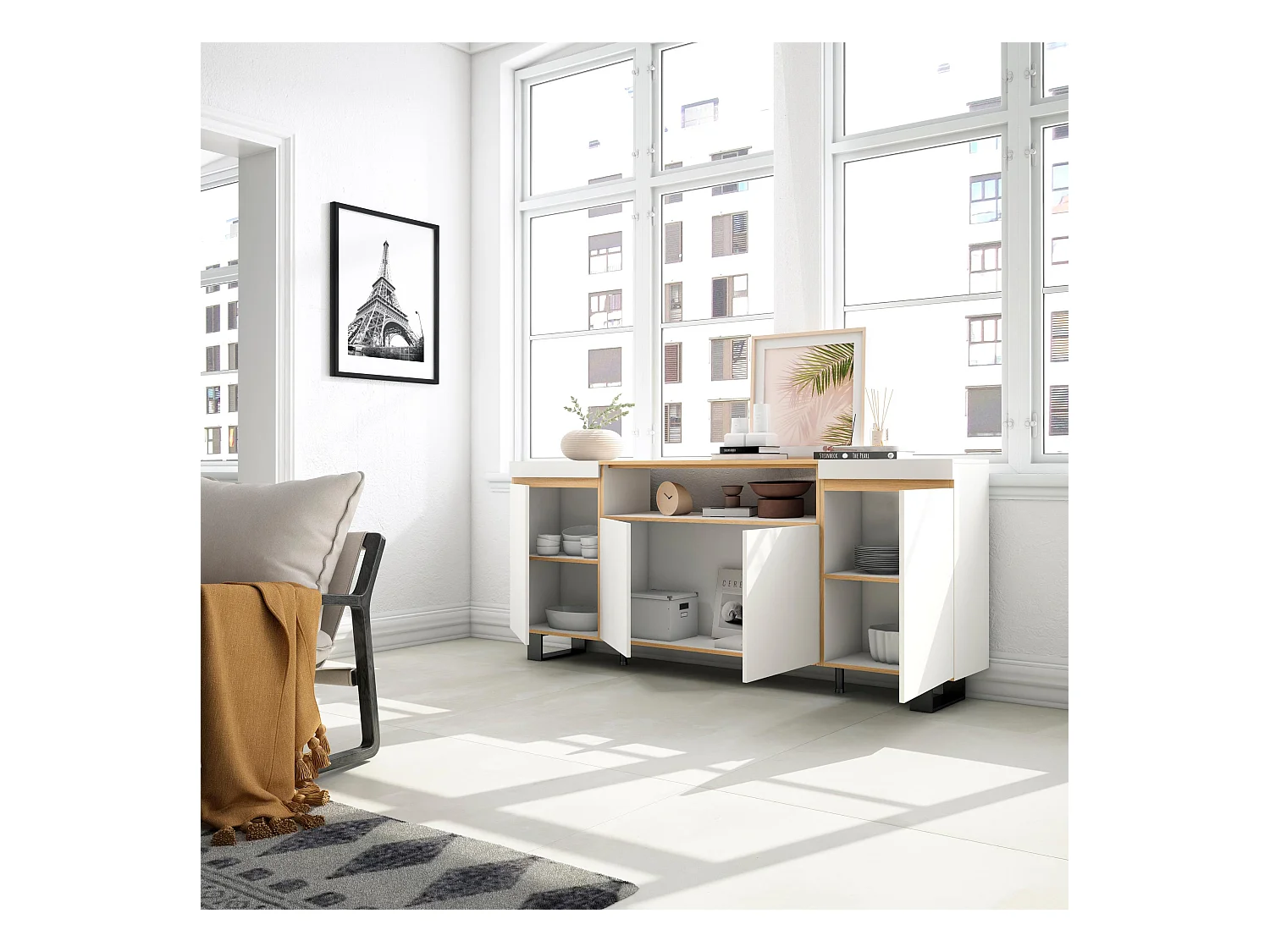 Dressoir, Opbergkast, 200x87x35cm, 4 Deuren, Industrieel design, Wit en Eiken soft