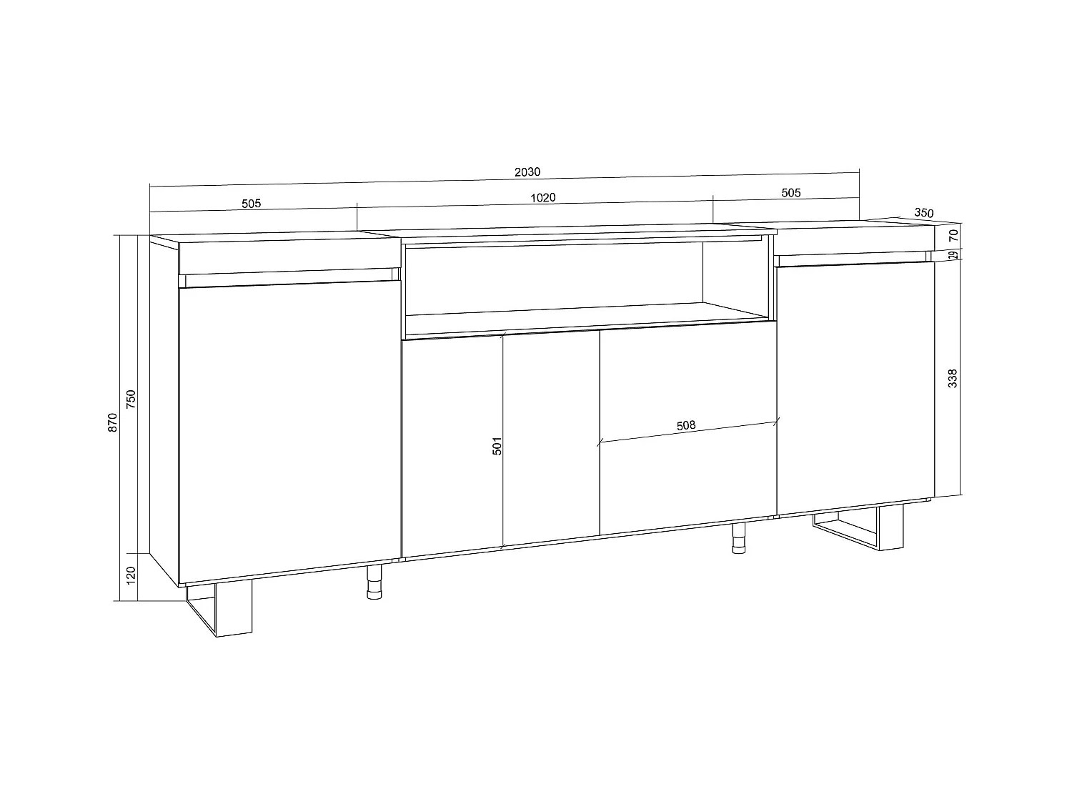 Dressoir, Opbergkast, 200x87x35cm, 4 Deuren, Industrieel design, Wit en Eiken soft