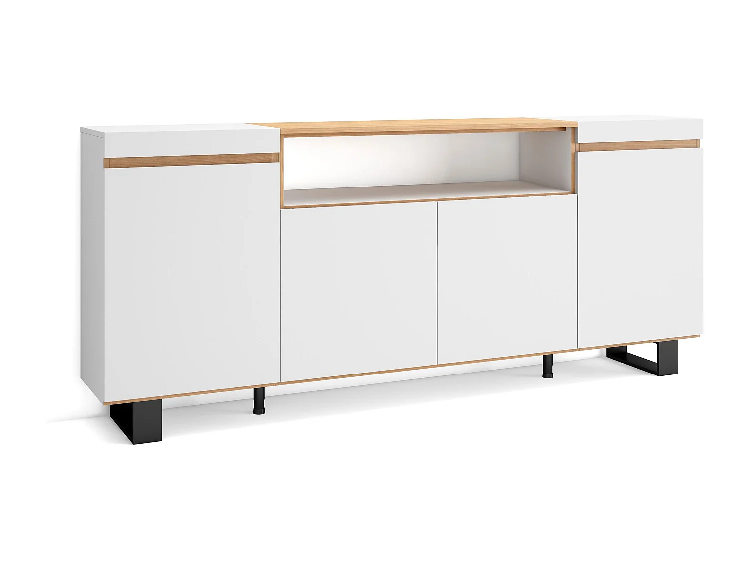 Dressoir, Opbergkast, 200x35x87cm, 4 Deuren, Industrieel design, Wit en Eiken soft