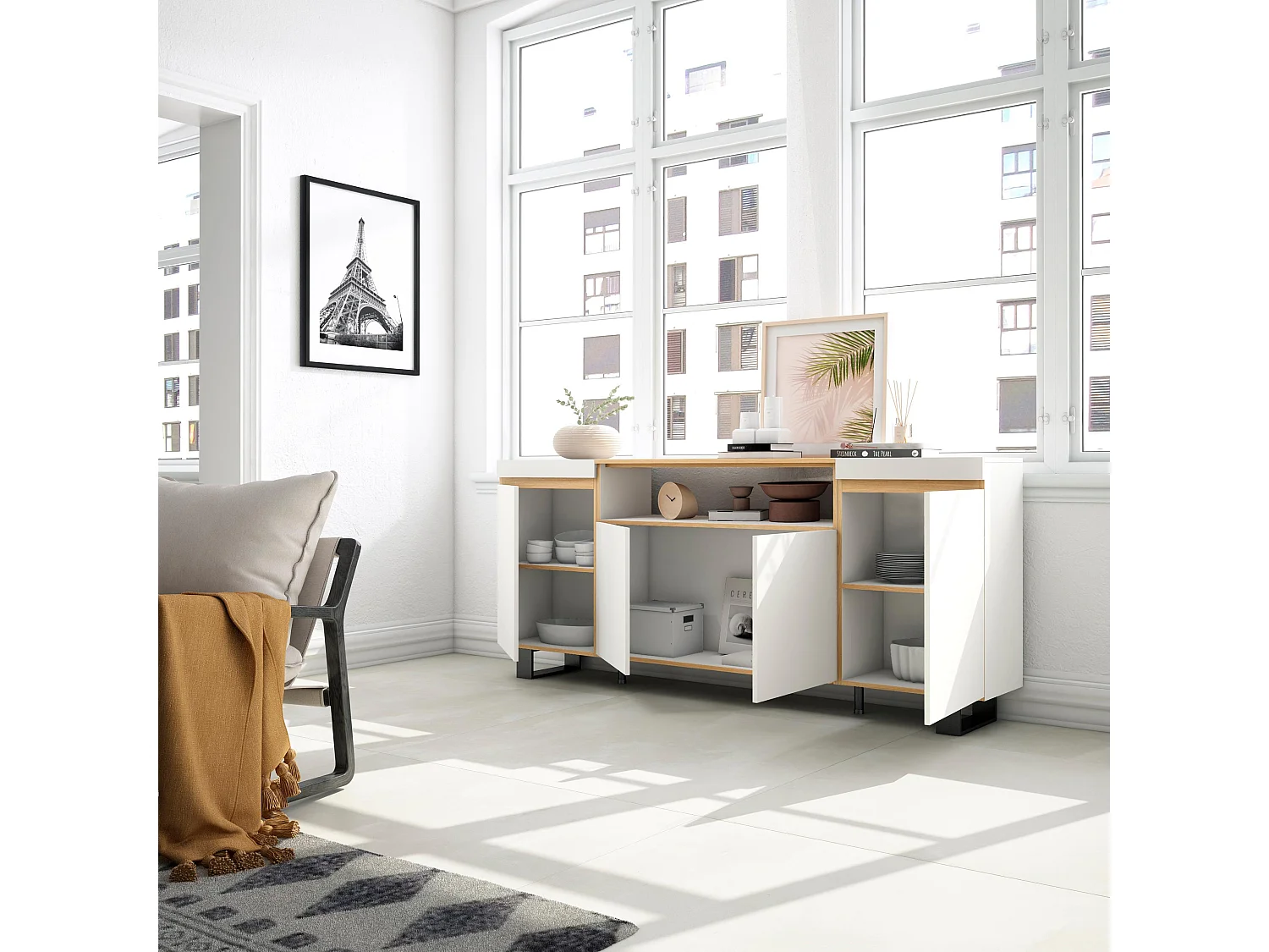 Dressoir, Opbergkast, 200x35x87cm, 4 Deuren, Industrieel design, Wit en Eiken soft