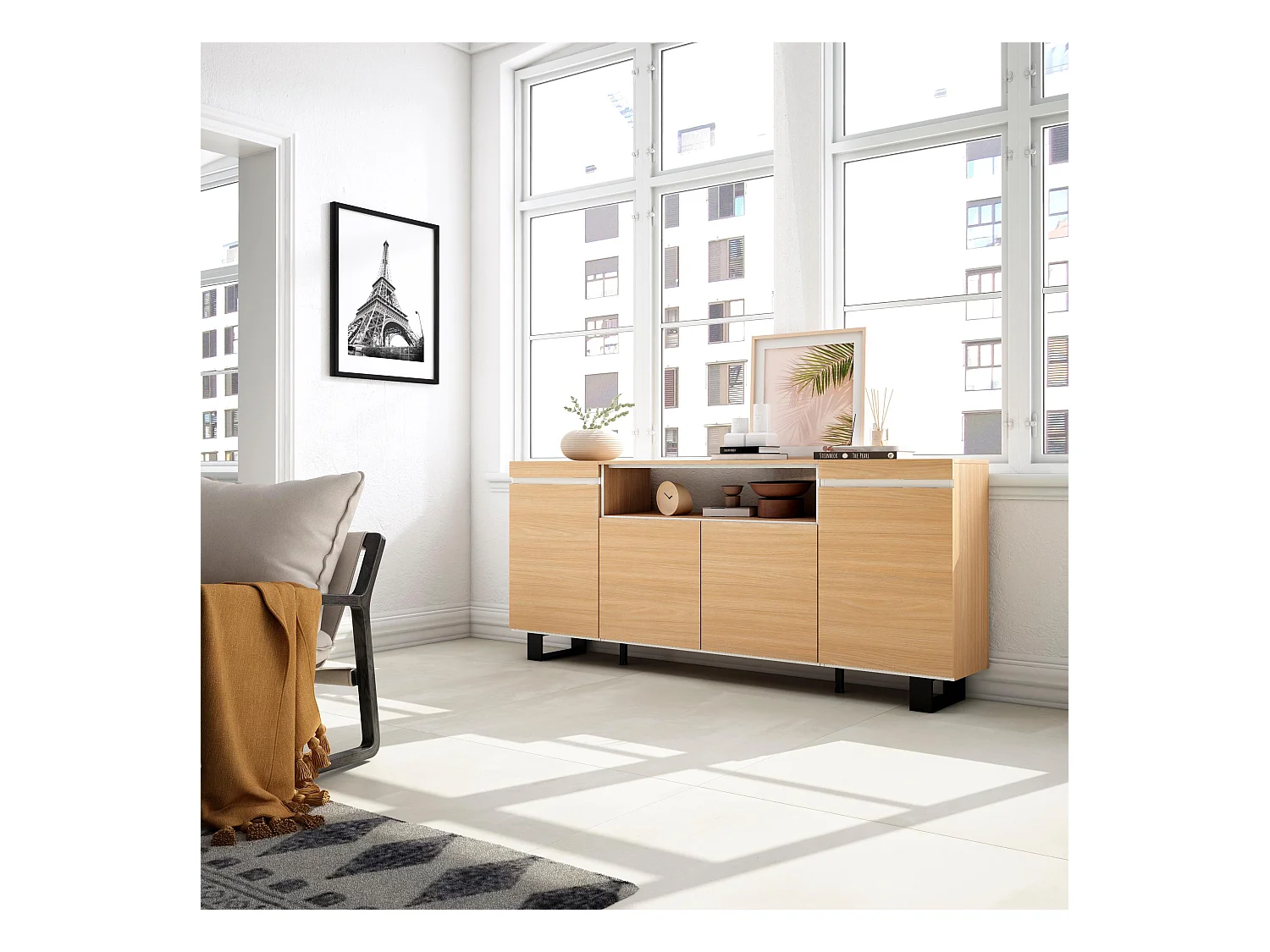 Buffet salon et cuisine, 200x35x87cm, 4 Portes, Design industriel, Chêne soft et blanc