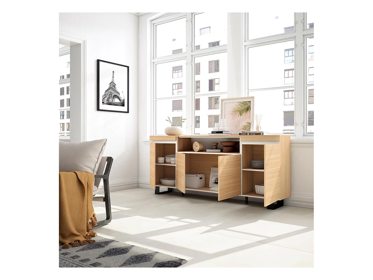 Buffet salon et cuisine, 200x35x87cm, 4 Portes, Design industriel, Chêne soft et blanc