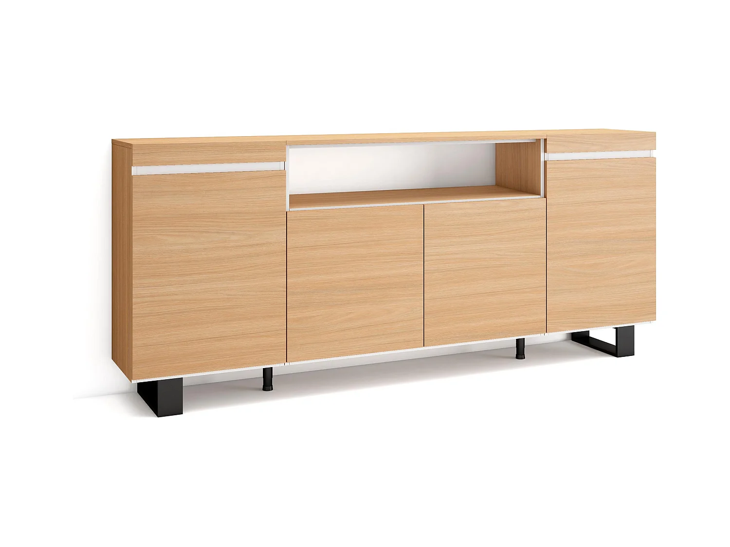 Buffet salon et cuisine, 200x35x87cm, 4 Portes, Design industriel, Chêne soft et blanc
