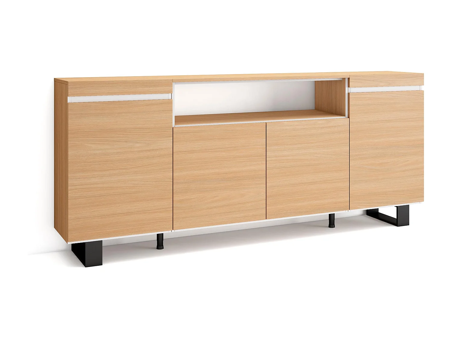 Buffet salon et cuisine, 200x35x87cm, 4 Portes, Design industriel, Chêne soft et blanc