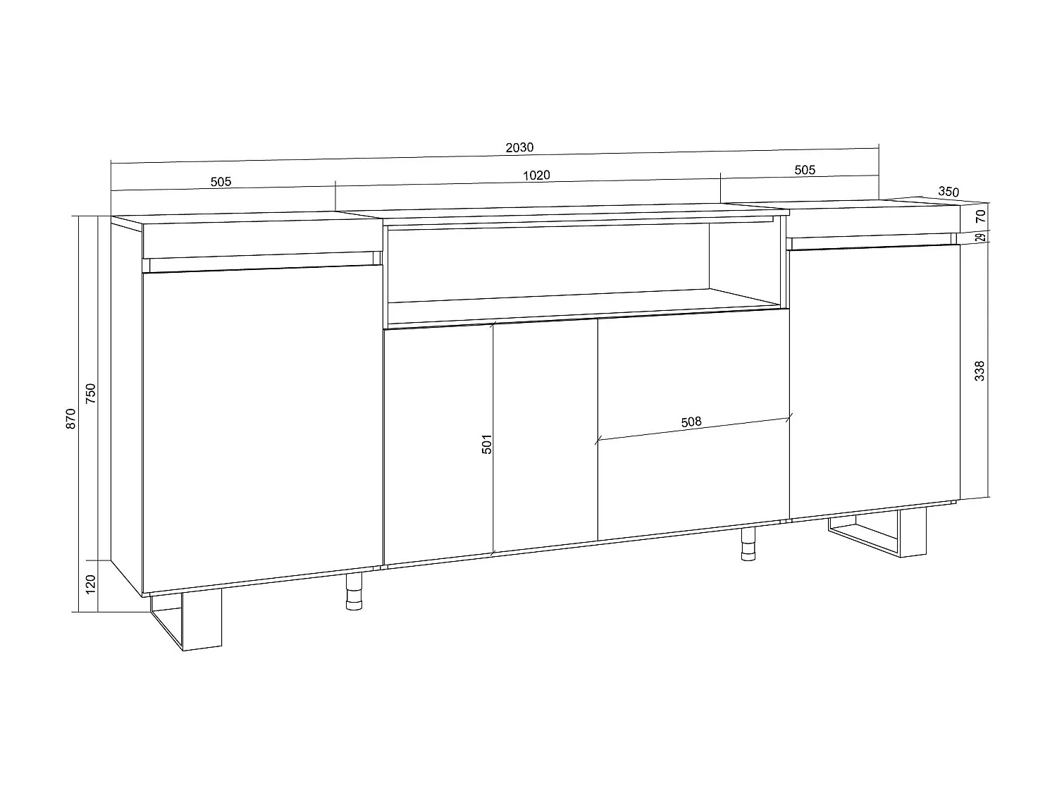 Buffet salon et cuisine, 200x35x87cm, 4 Portes, Design industriel, Chêne soft et blanc