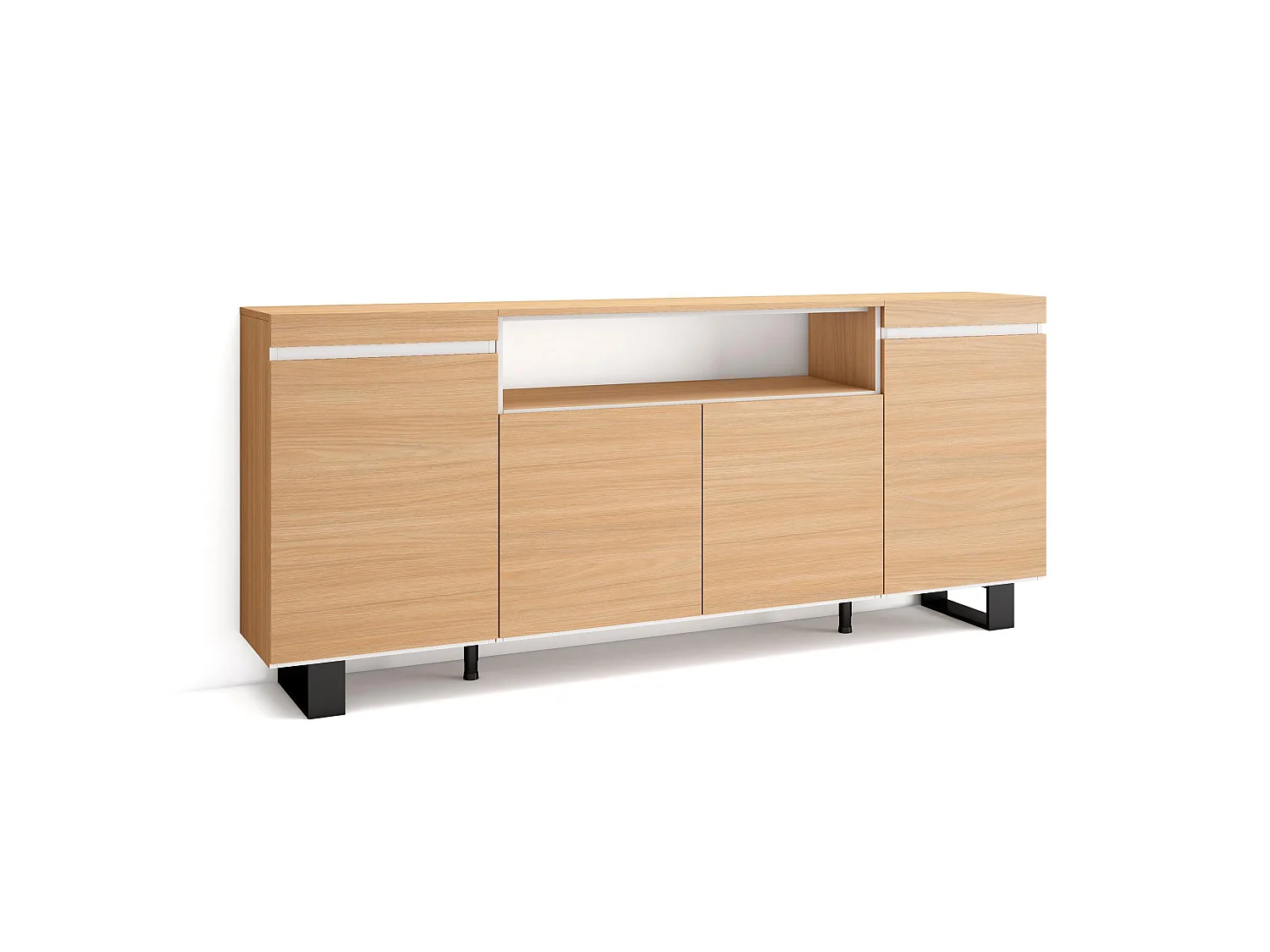 Buffet salon et cuisine, 200x35x87cm, 4 Portes, Design industriel, Chêne soft et blanc