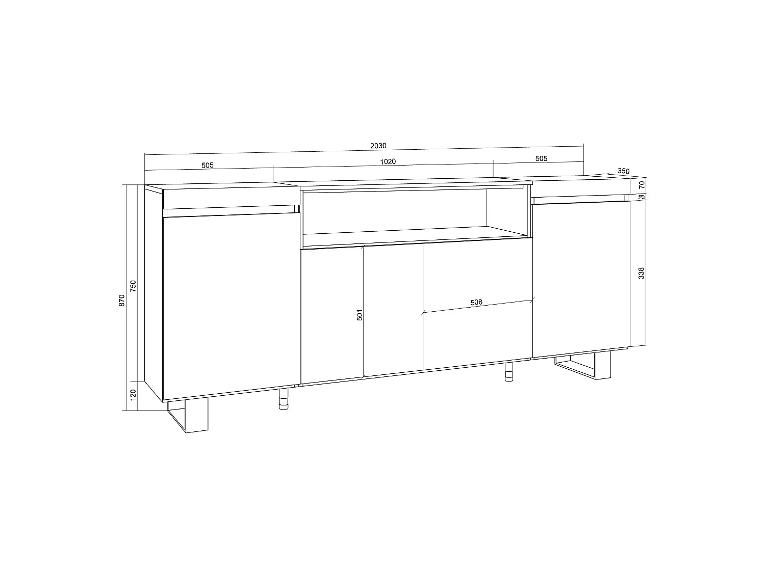 Buffet salon et cuisine, 200x35x87cm, 4 Portes, Design industriel, Chêne soft et blanc