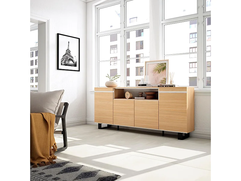 Sideboard, Highboard, 200x35x87cm, 4 Türen, Industriedesign, Eiche Soft und weiß