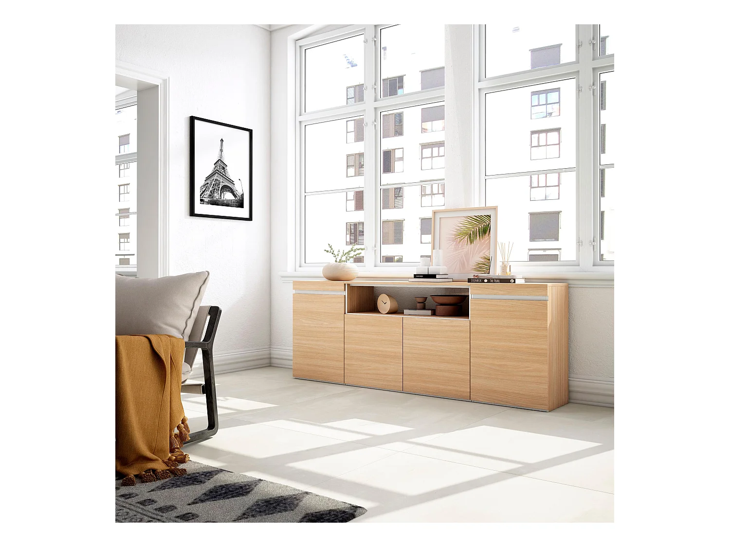 Buffet salon et cuisine, 200x35x75cm, 4 Portes, Meuble chaussure, Chêne soft et blanc