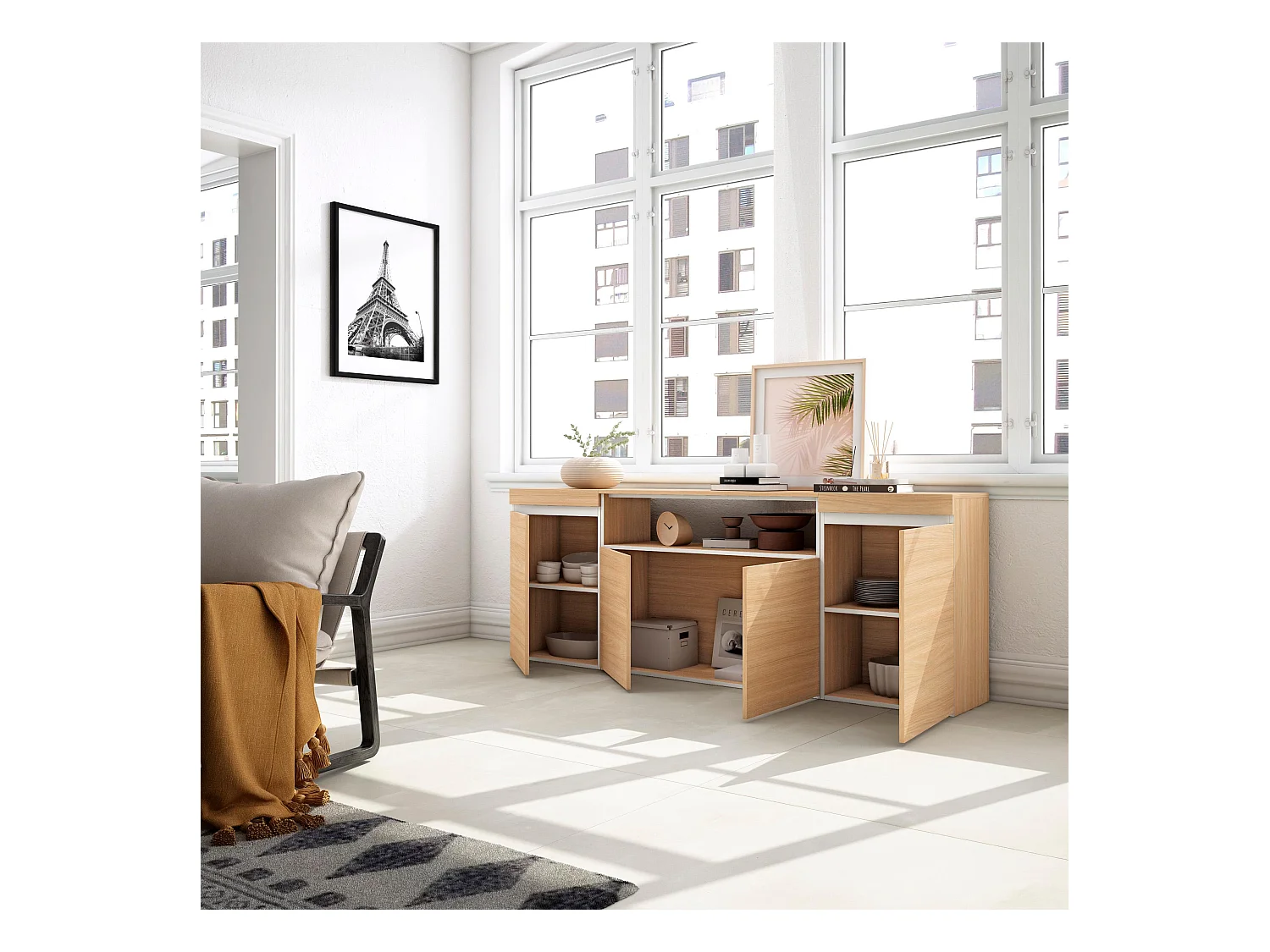 Buffet salon et cuisine, 200x35x75cm, 4 Portes, Meuble chaussure, Chêne soft et blanc