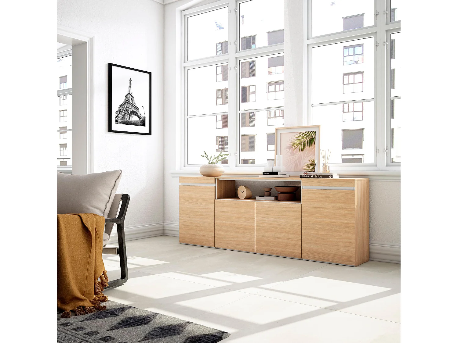 Buffet salon et cuisine, 200x35x75cm, 4 Portes, Meuble chaussure, Chêne soft et blanc