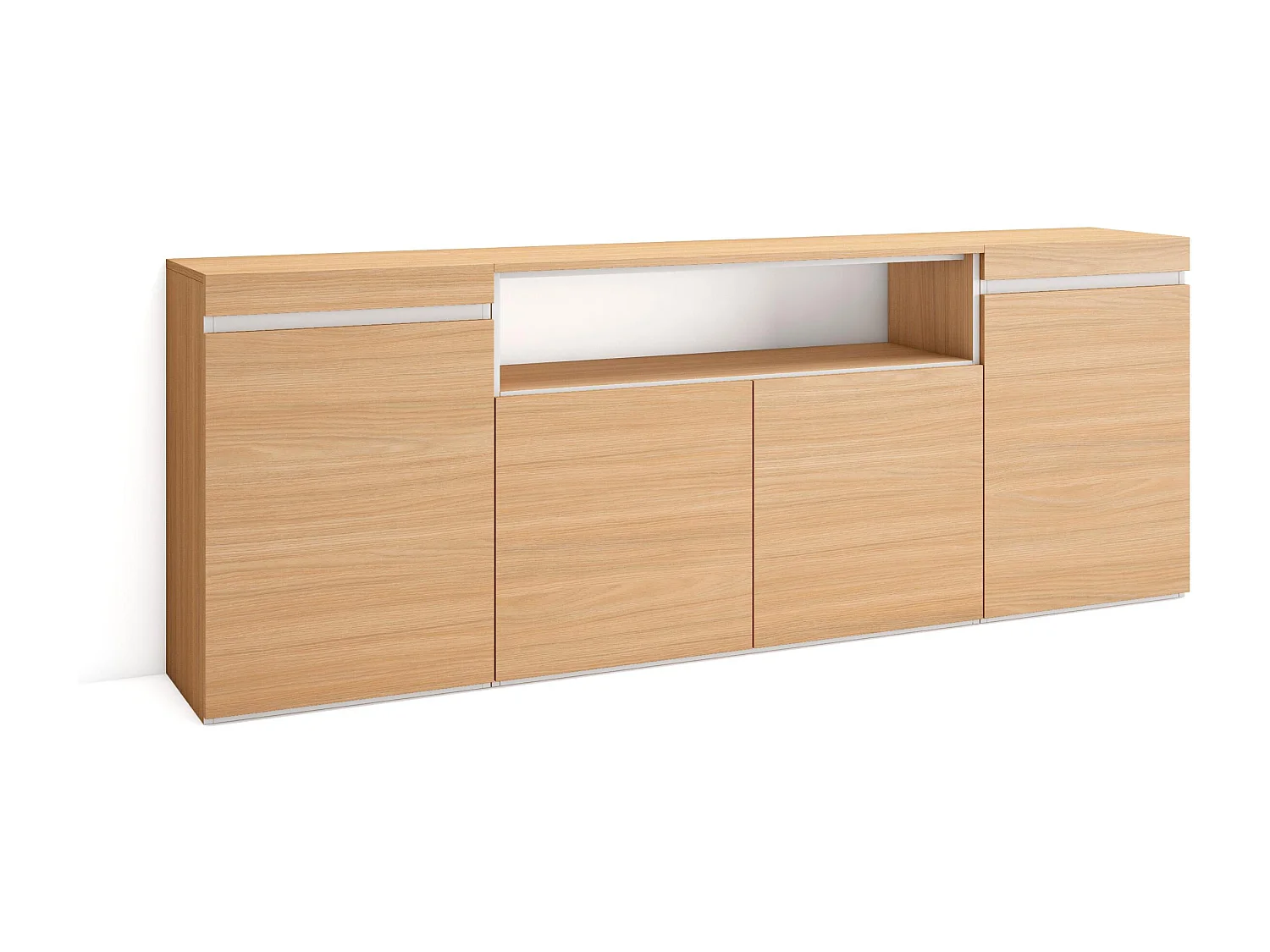 Buffet salon et cuisine, 200x35x75cm, 4 Portes, Meuble chaussure, Chêne soft et blanc