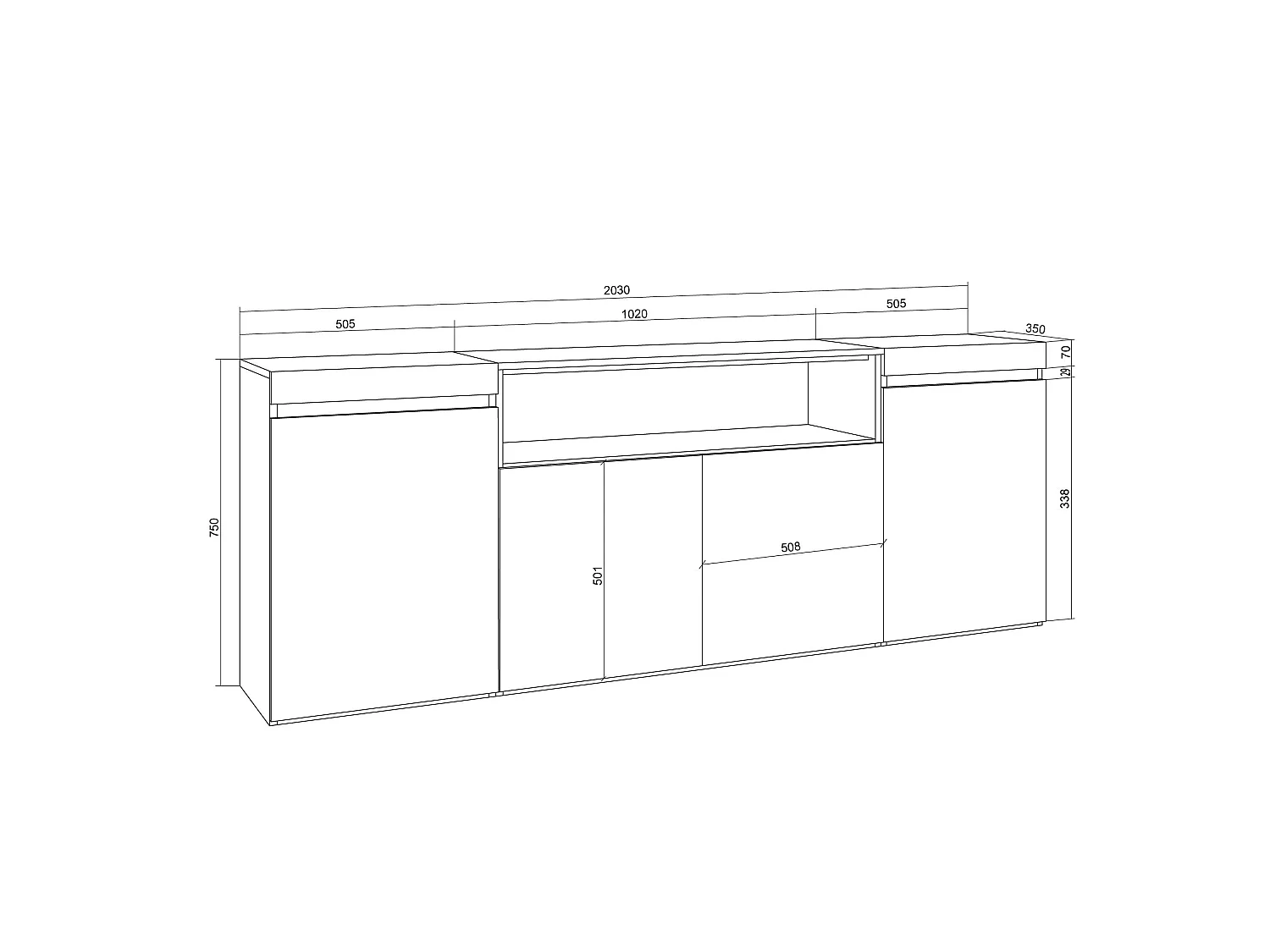 Sideboard, Highboard, 200x35x75cm, 4 Türen, Wohnzimmer, Küche, Eiche Soft und weiß