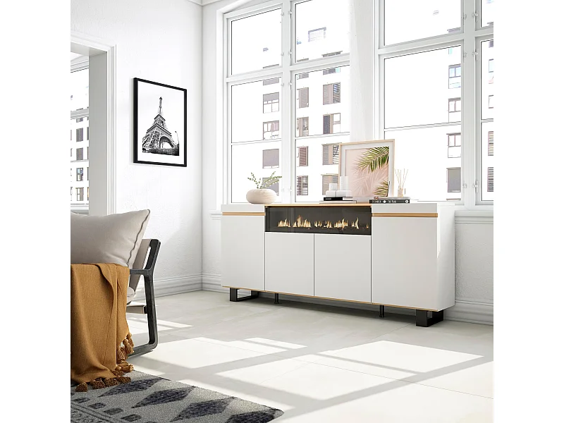 Credenza, Mobile, Cucina, 200x35x87cm, 4 Porte, Camino elettrico, Design industriale, Bianco e Rovere soft