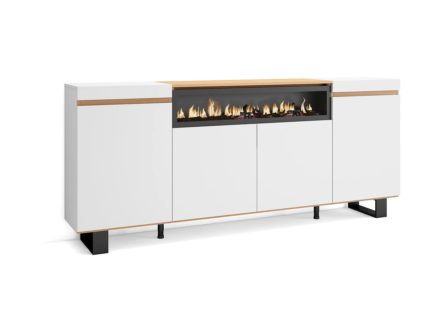 Buffet salon et cuisine, 200x35x87cm, 4 Portes, Cheminée électrique, Design industriel, Blanc et Chêne Soft