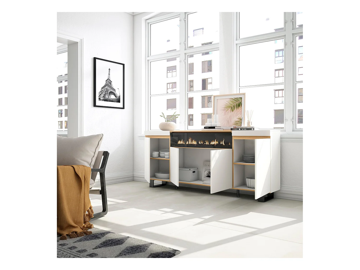 Buffet salon et cuisine, 200x35x87cm, 4 Portes, Cheminée électrique, Design industriel, Blanc et Chêne Soft