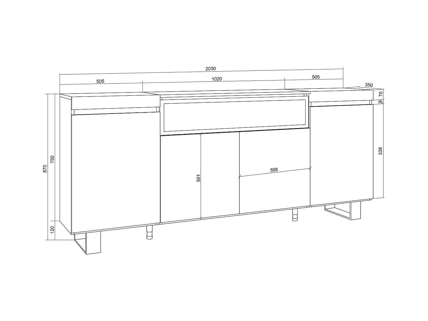 Buffet salon et cuisine, 200x35x87cm, 4 Portes, Cheminée électrique, Design industriel, Blanc et Chêne Soft