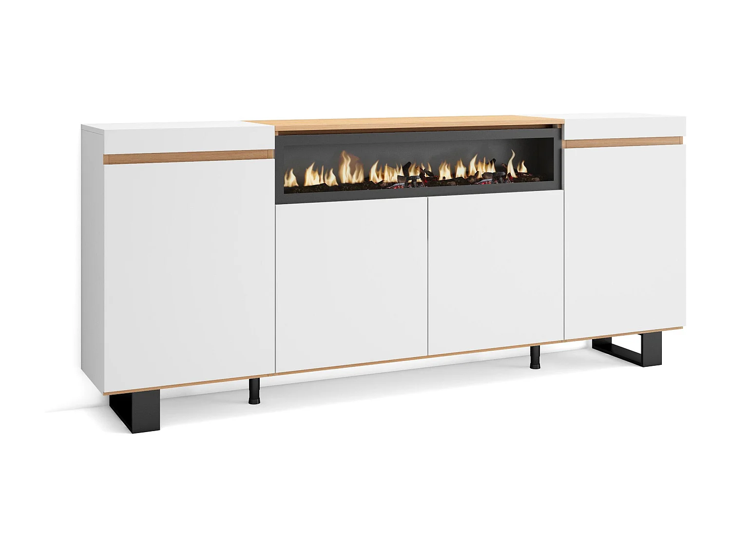 Dressoir, Opbergkast, 200x35x87cm, 4 Deuren, Elektrische haard, Industrieel design, Wit en Eiken soft