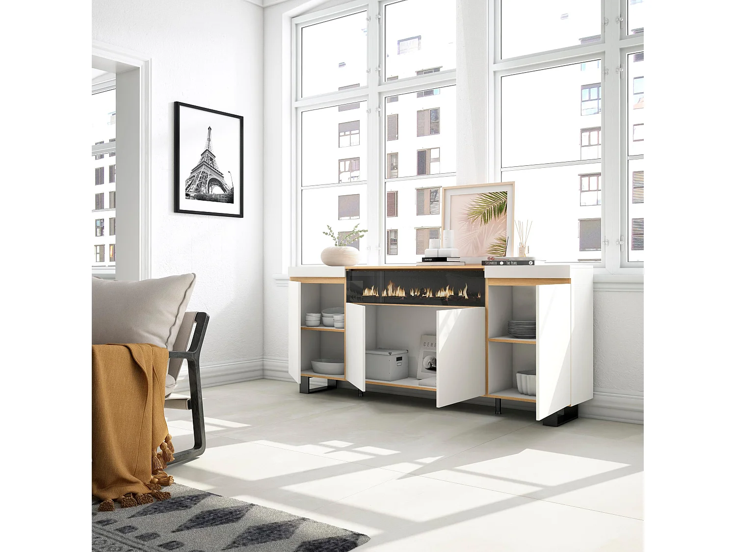 Dressoir, Opbergkast, 200x35x87cm, 4 Deuren, Elektrische haard, Industrieel design, Wit en Eiken soft