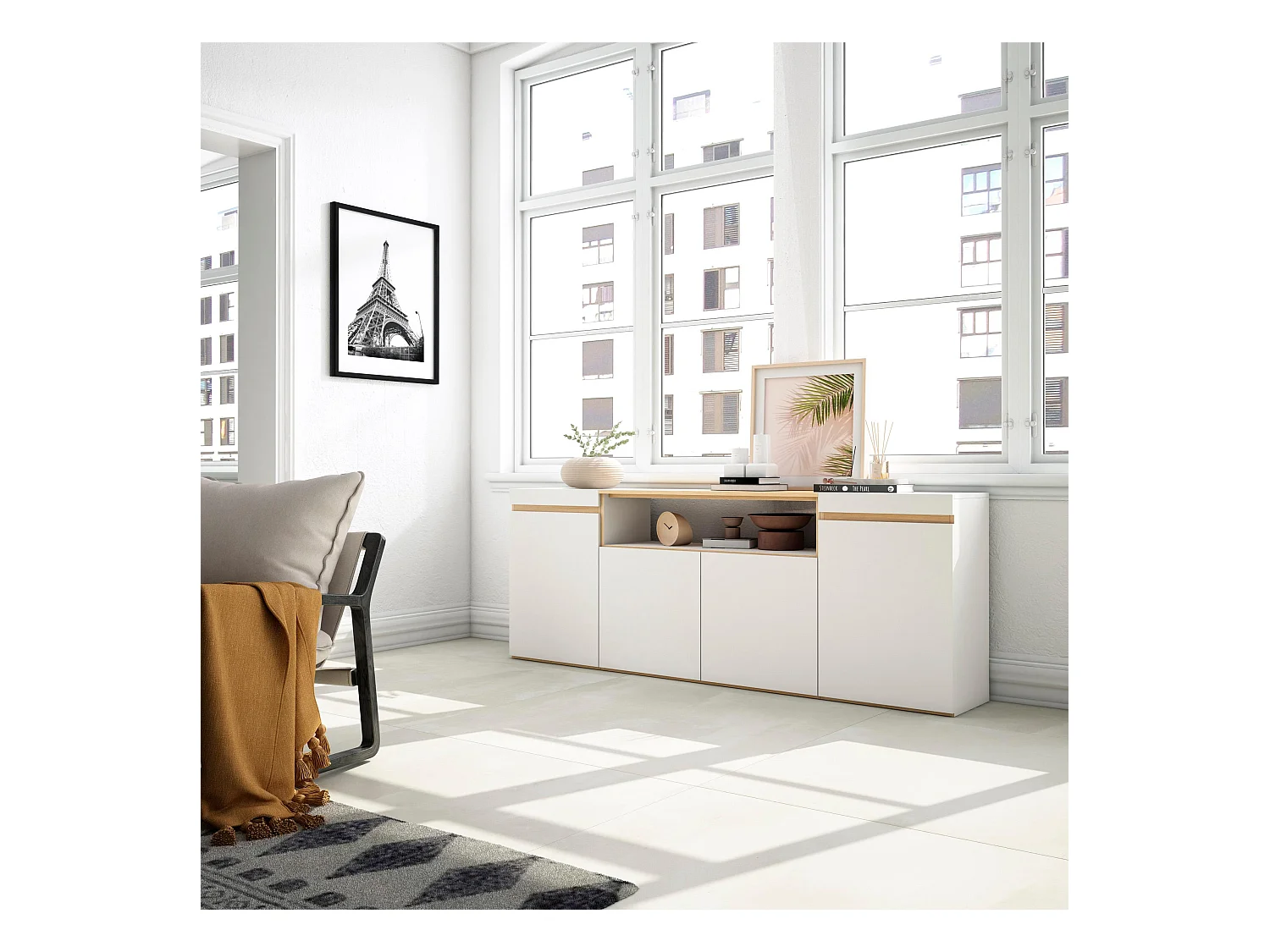 Buffet salon et cuisine, 200x35x75cm, 4 Portes, Meuble chaussure, Blanc et Chêne Soft