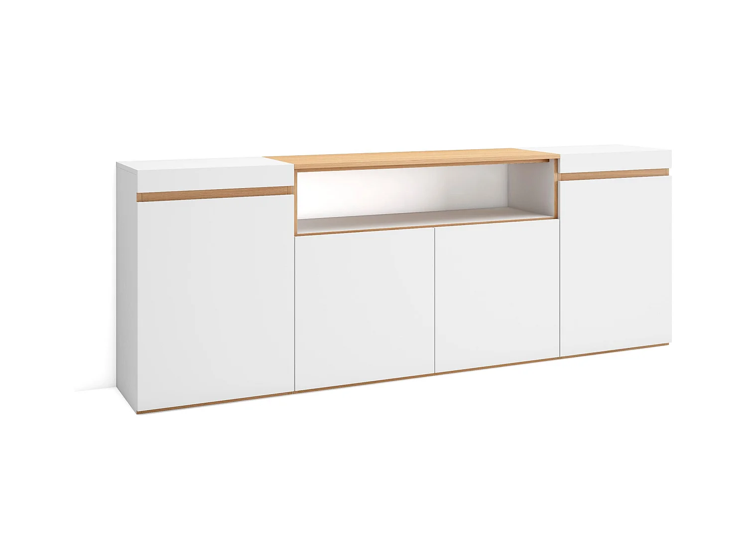 Buffet salon et cuisine, 200x35x75cm, 4 Portes, Meuble chaussure, Blanc et Chêne Soft