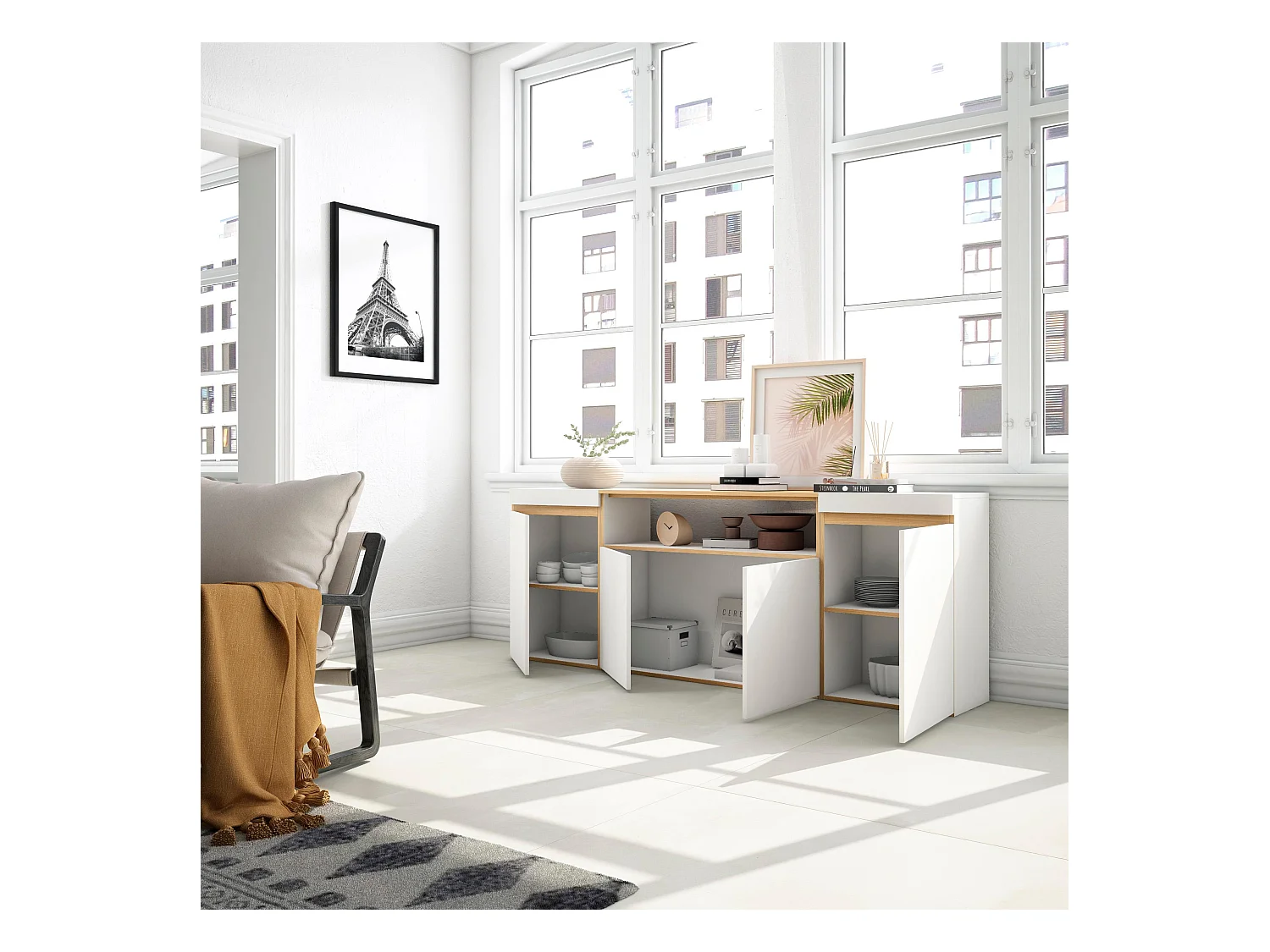 Buffet salon et cuisine, 200x35x75cm, 4 Portes, Meuble chaussure, Blanc et Chêne Soft