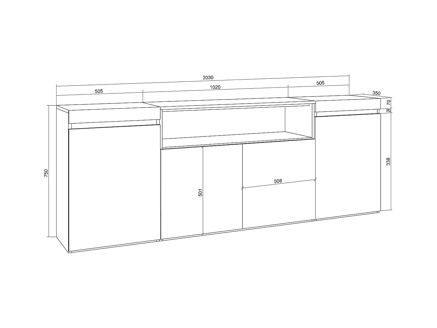 Buffet salon et cuisine, 200x35x75cm, 4 Portes, Meuble chaussure, Blanc et Chêne Soft