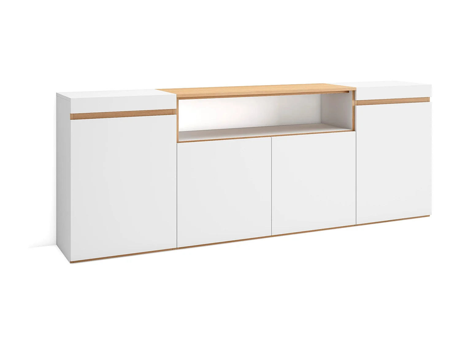 Buffet salon et cuisine, 200x35x75cm, 4 Portes, Meubles à chaussures, Blanc et Chêne Soft