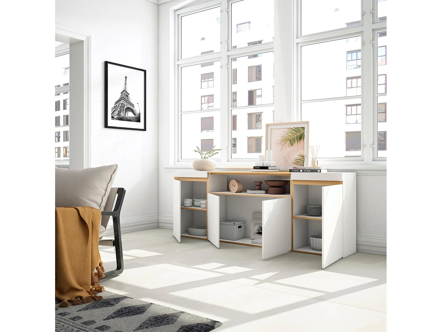 Buffet salon et cuisine, 200x35x75cm, 4 Portes, Meubles à chaussures, Blanc et Chêne Soft