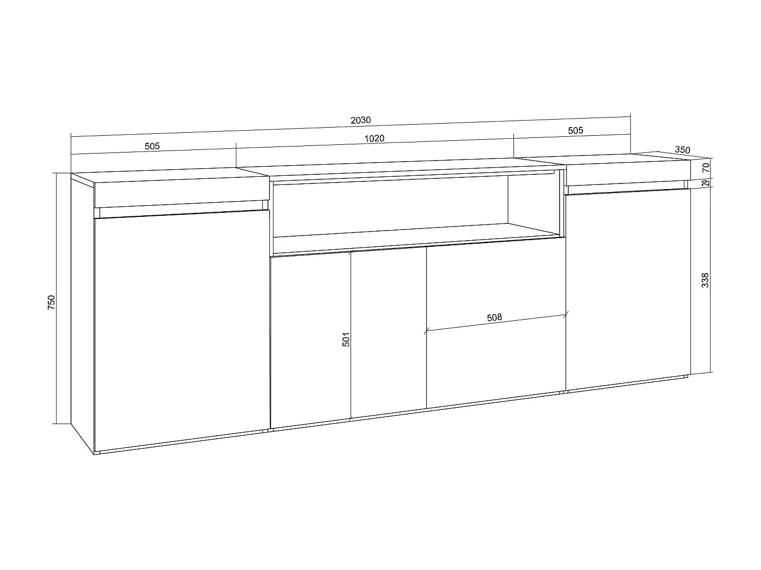 Buffet salon et cuisine, 200x35x75cm, 4 Portes, Meubles à chaussures, Blanc et Chêne Soft