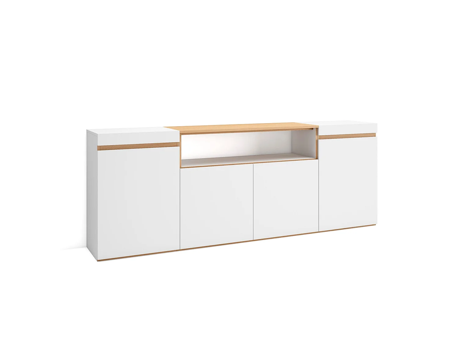 Credenza, Mobile, Cucina, 200x35x75cm, 4 Porte, grande stoccaggio, Bianco e Rovere soft