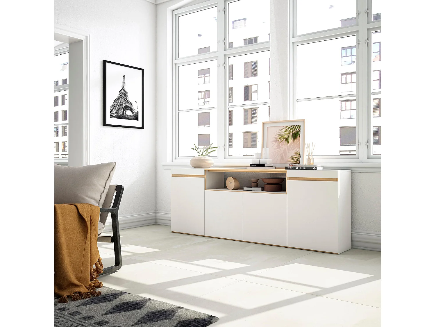 Credenza, Mobile, Cucina, 200x35x75cm, 4 Porte, grande stoccaggio, Bianco e Rovere soft