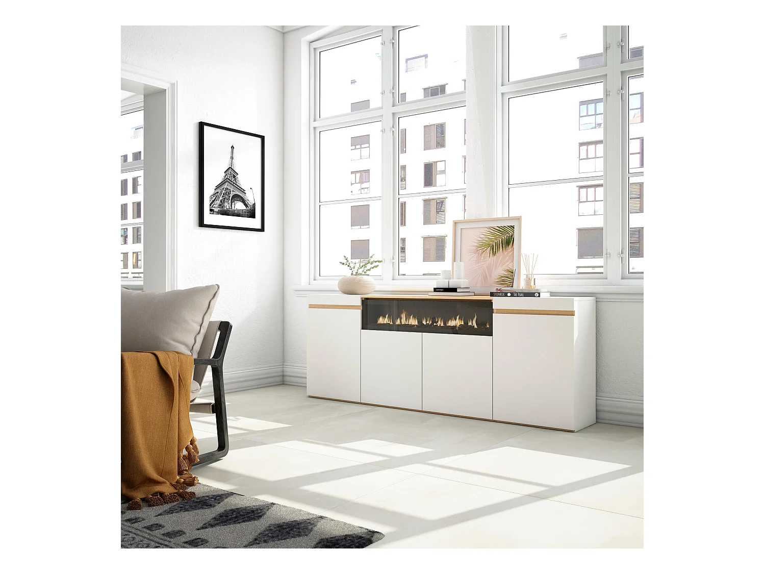 Buffet salon et cuisine, 200x35x75cm, 4 Portes, Cheminée électrique, Blanc et Chêne Soft