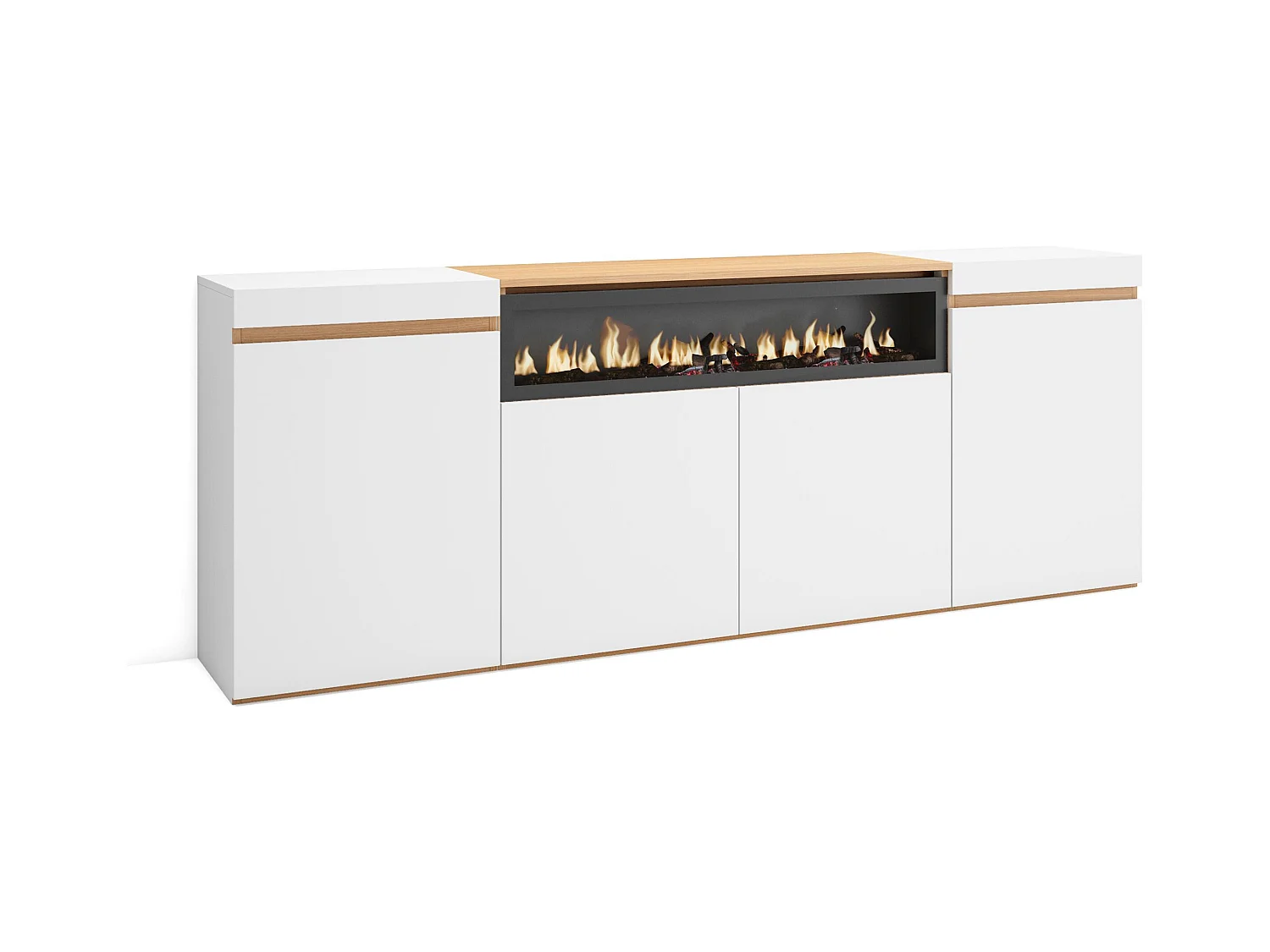 Buffet salon et cuisine, 200x35x75cm, 4 Portes, Cheminée électrique, Blanc et Chêne Soft