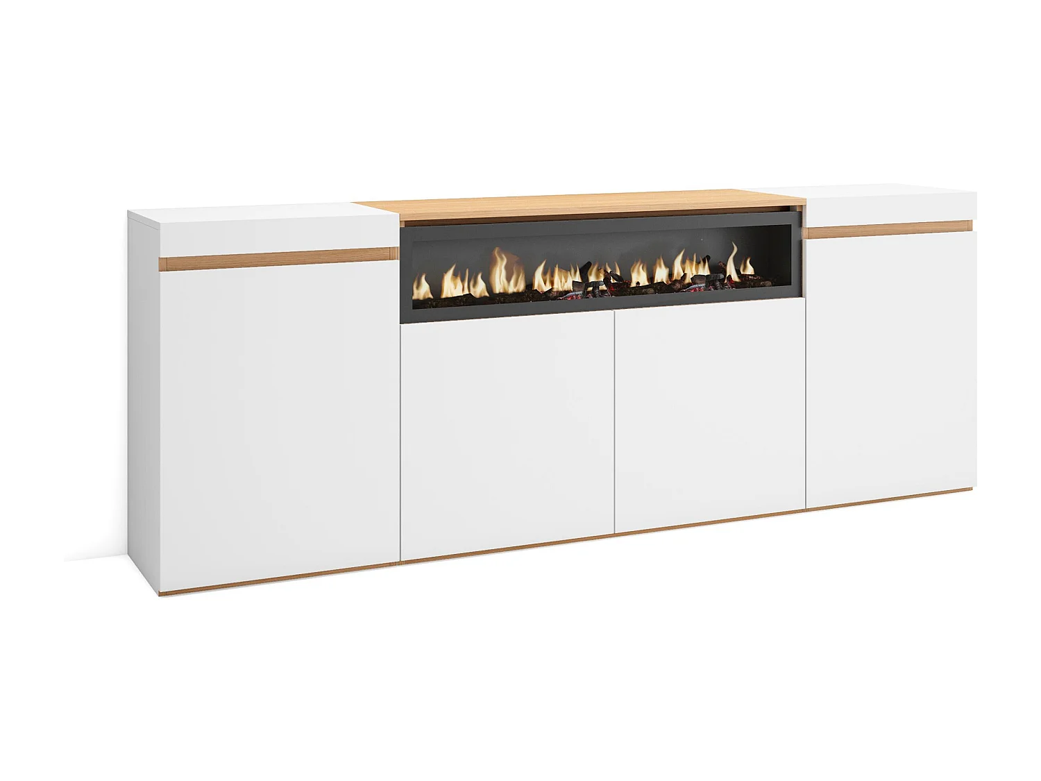 Buffet salon et cuisine, 200x35x75cm, 4 Portes, Cheminée électrique, Blanc et Chêne Soft