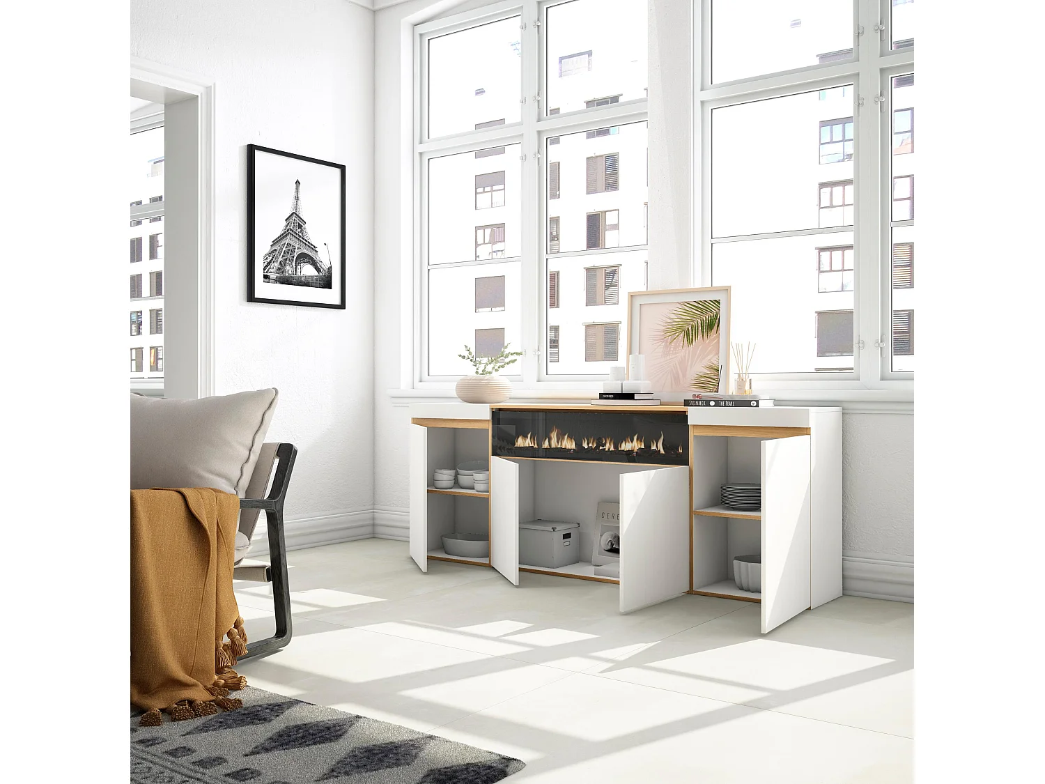 Buffet salon et cuisine, 200x35x75cm, 4 Portes, Cheminée électrique, Blanc et Chêne Soft