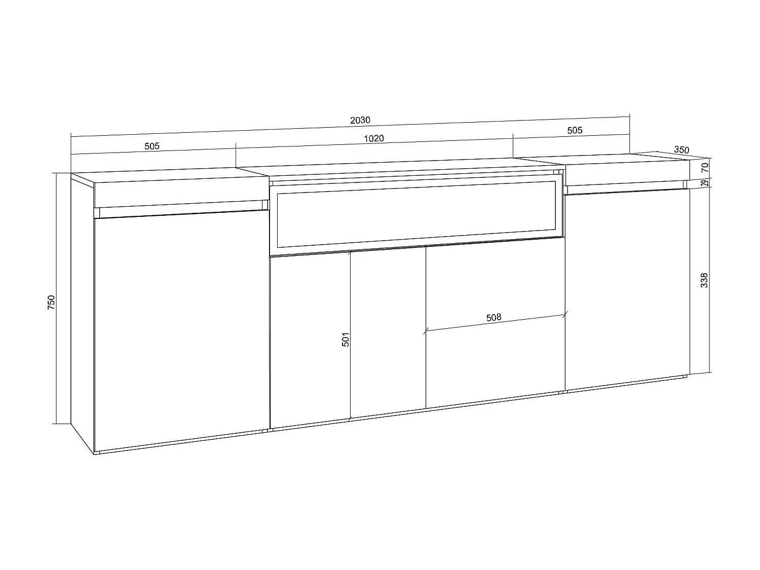 Buffet salon et cuisine, 200x35x75cm, 4 Portes, Cheminée électrique, Blanc et Chêne Soft