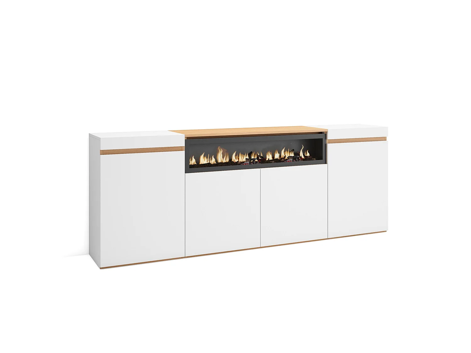 Credenza, Mobile, Cucina, 200x35x75cm, 4 Porte, Camino elettrico, Bianco e Rovere soft