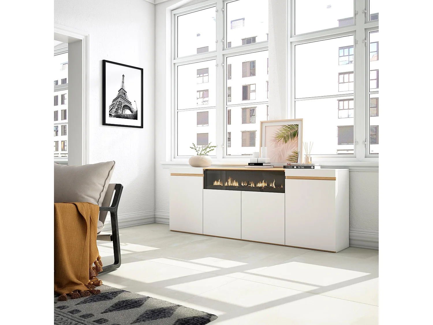 Credenza, Mobile, Cucina, 200x35x75cm, 4 Porte, Camino elettrico, Bianco e Rovere soft