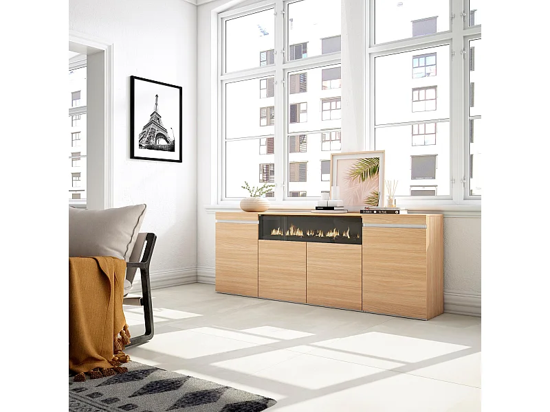 Buffet salon et cuisine, 200x35x75cm, 4 Portes, Cheminée électrique, Chêne soft et blanc