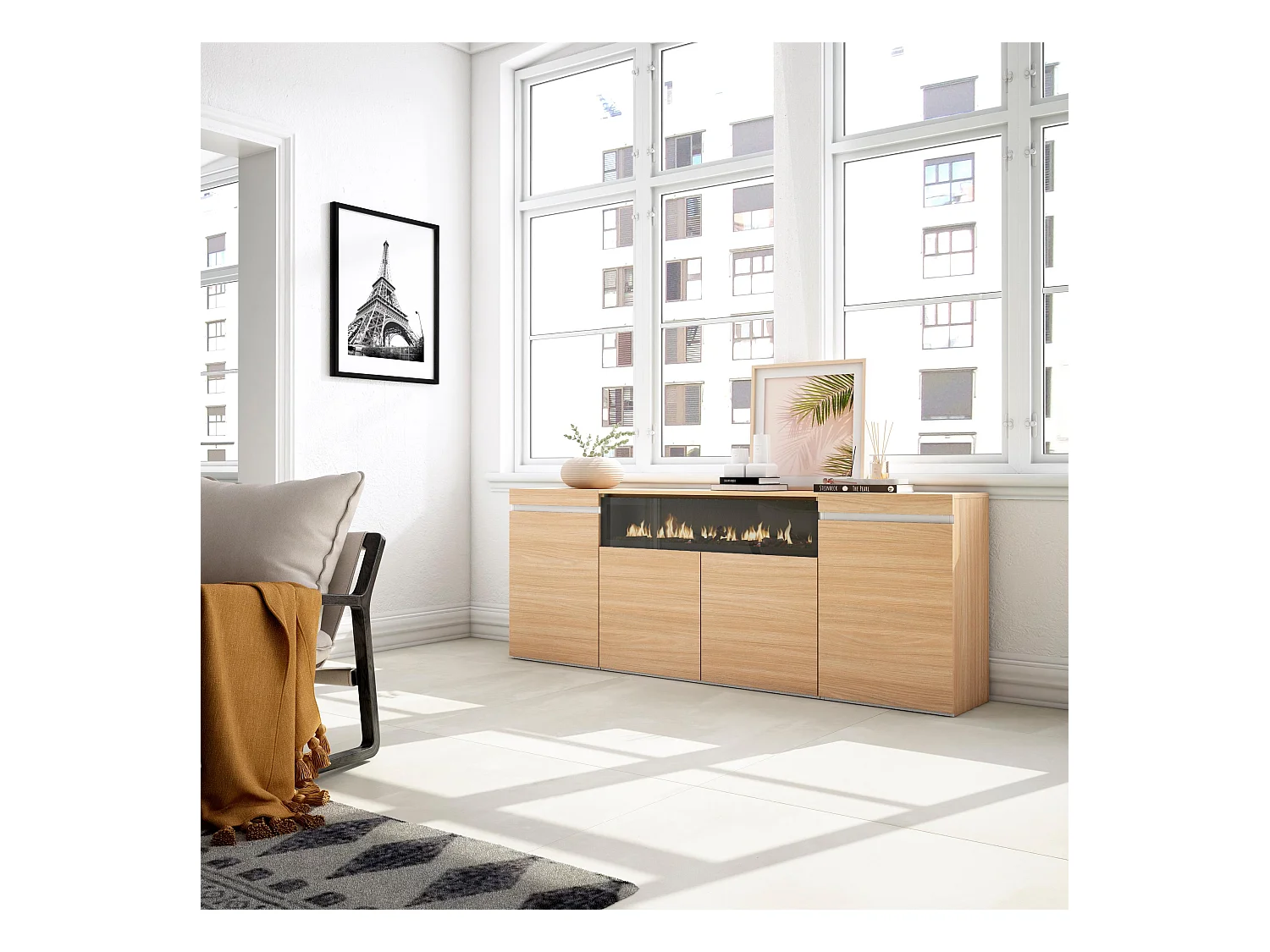 Buffet salon et cuisine, 200x35x75cm, 4 Portes, Cheminée électrique, Chêne soft et blanc