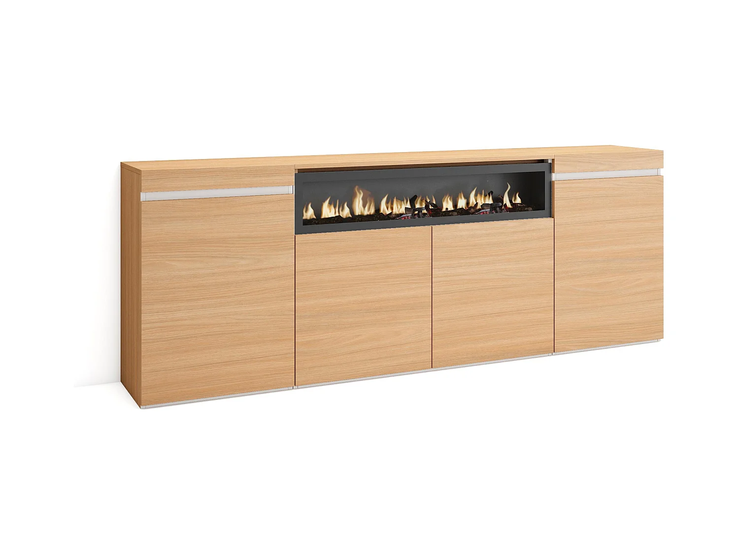 Buffet salon et cuisine, 200x35x75cm, 4 Portes, Cheminée électrique, Chêne soft et blanc