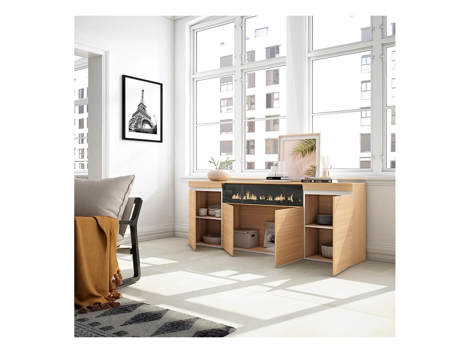 Buffet salon et cuisine, 200x35x75cm, 4 Portes, Cheminée électrique, Chêne soft et blanc